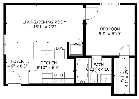 1 bed 1 bath floor plan L at The Eastern Apartments, Texas